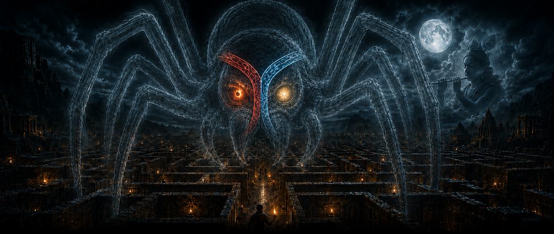 A vast spectral spider looms over a torchlit stone maze. A lone figure carries a lamp toward it. Above, Krishna plays a flute beside the moon.